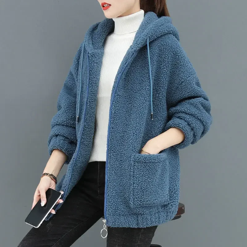 Women Warm Furry Sweatshirts Artificial Lamb Down Solid Colors Thick Hoodies Autumn Winter Big Pocket Zipper Hooded Sweatshirts