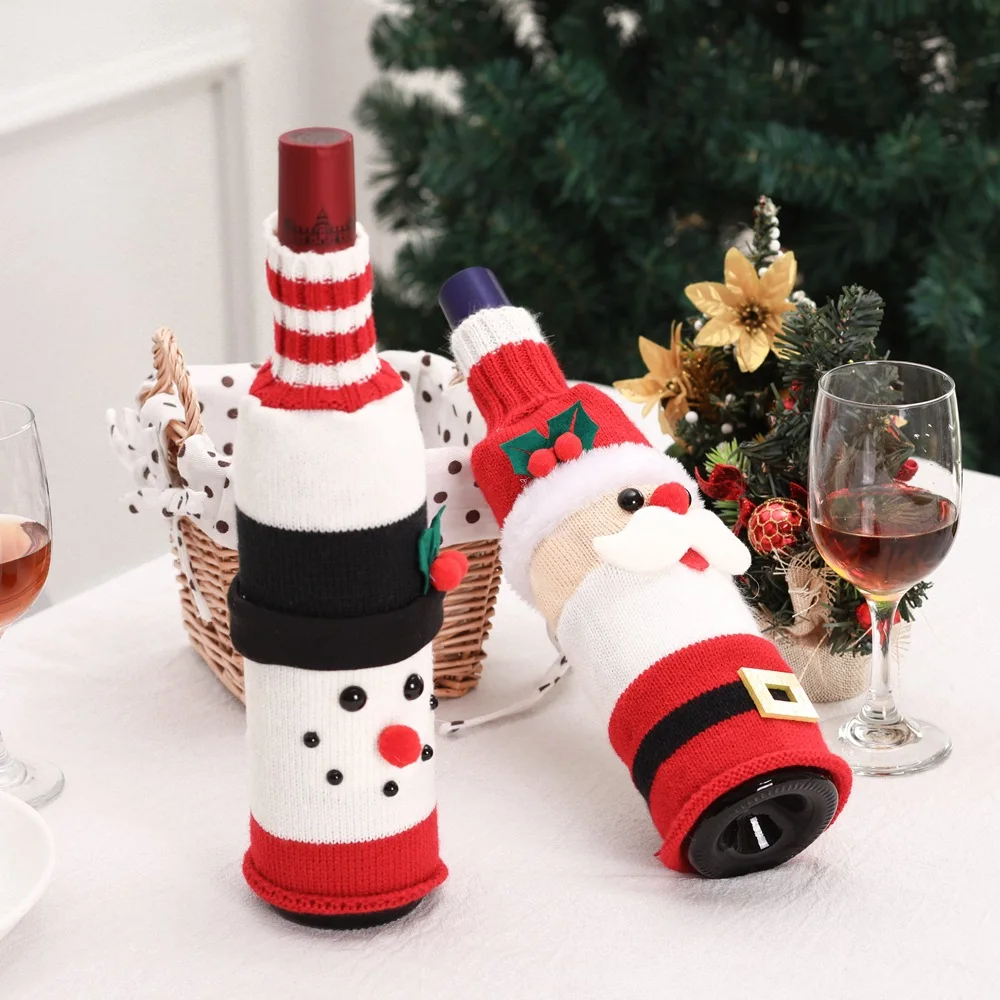 Weihnachtsdeko 2024, gestrickte Woll-Flaschenhülle in Rot, Weihnachtsdekoration für Tisch, Haus, Hotel, Restaurant, Festivals. – Detail 5