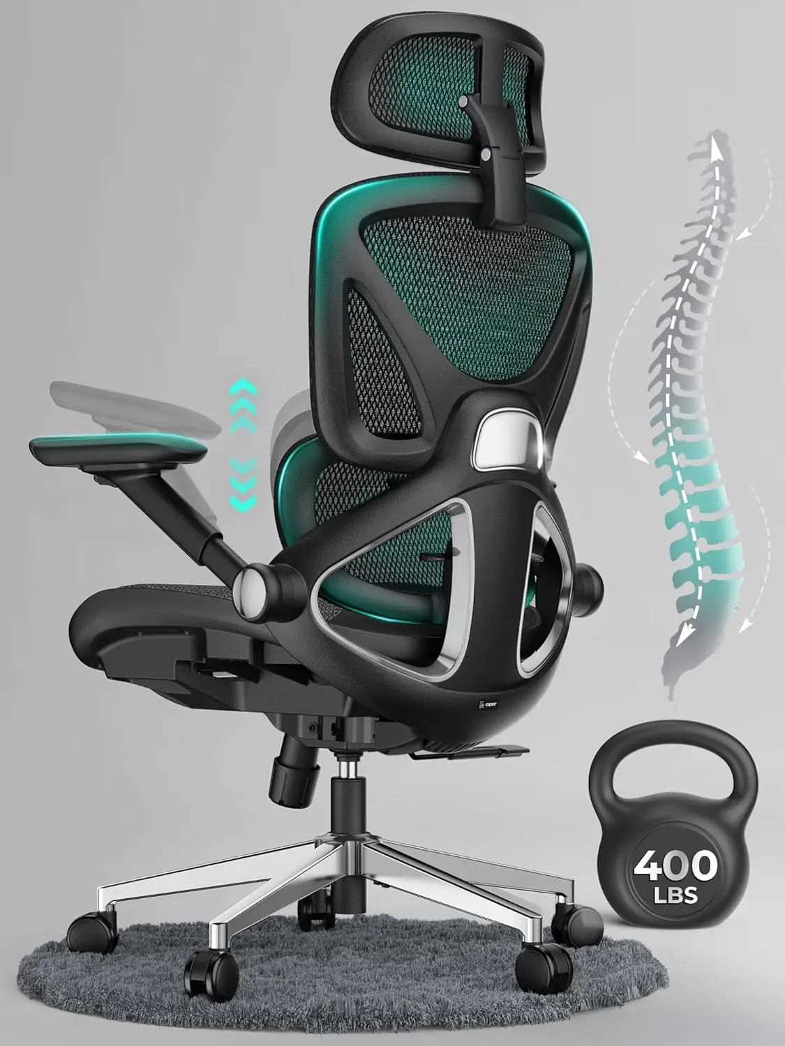 

Adjustable Lumbar High Back Desk Chair 400lbs, 4D Flip-up Arms, 3-Level Tilt Backrest, Swivel Rolling Computer Seating