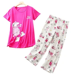 Conjunto de pijama de talla grande para mamá, camiseta de manga corta informal para mujer embarazada, pantalones de pantorrilla, ropa de casa de algodón con dibujos animados divertidos