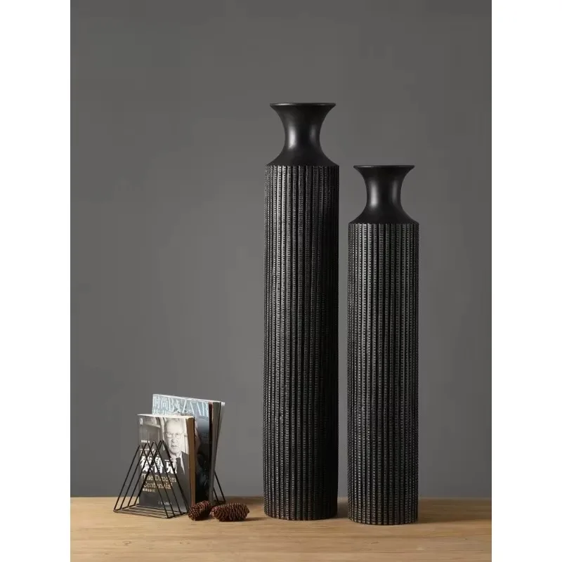 Minimalist Light Luxury Tall Black Floor Vase, Slim Decor Ornament for Living Room