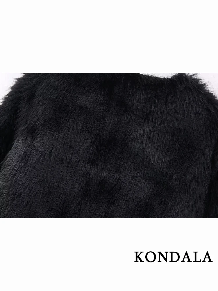 KONDALA Vintage Black Faux Fur Leather Night Party Cardigan Fashion 2023 Autumn Chic Luxury Jackets V Neck Elegant Women Outwear