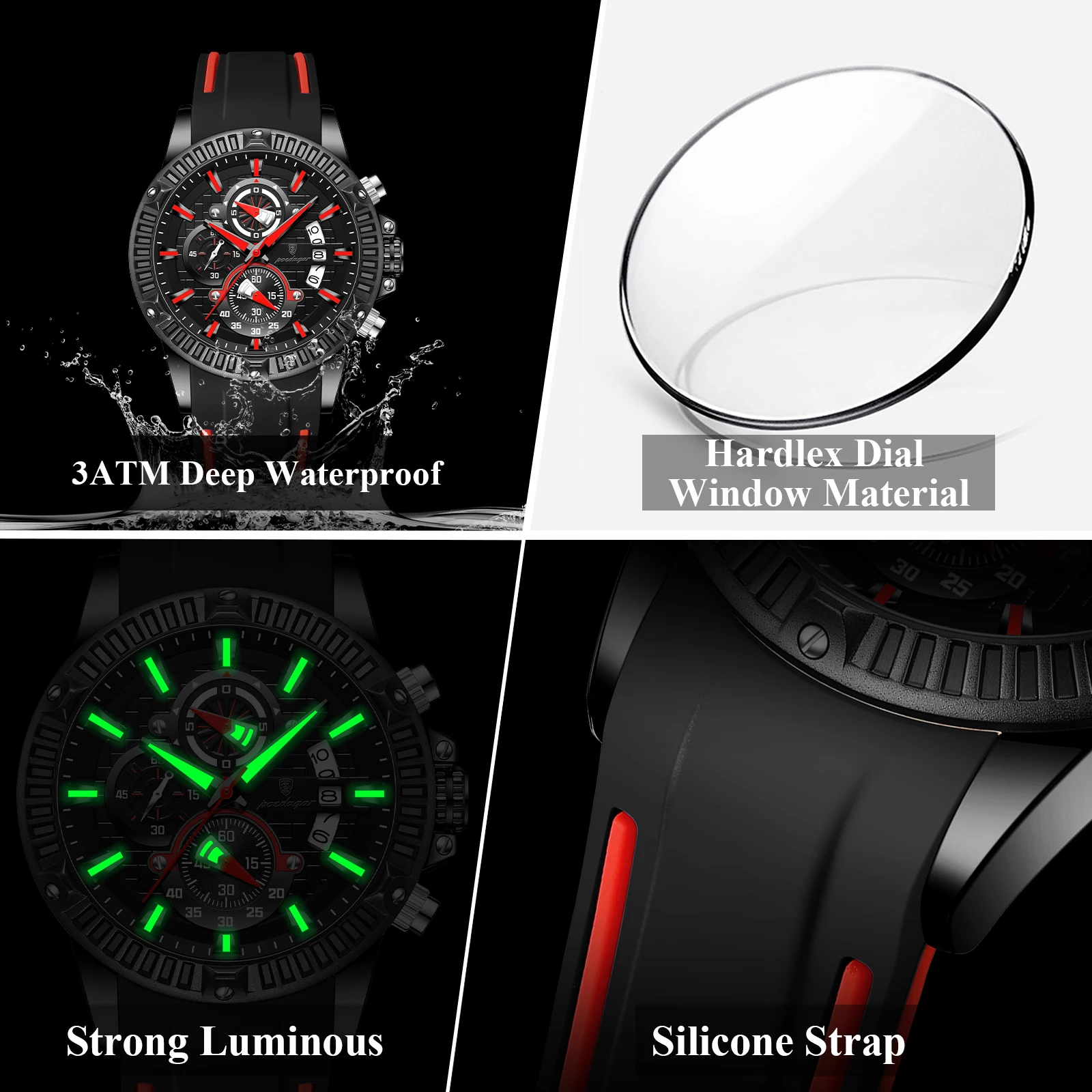 POEDAGAR Orologio da polso da uomo di lusso Cronografo Impermeabile Orologio da uomo luminoso Calendario maschile Cinturino in silicone Orologi da uomo al quarzo Reloj