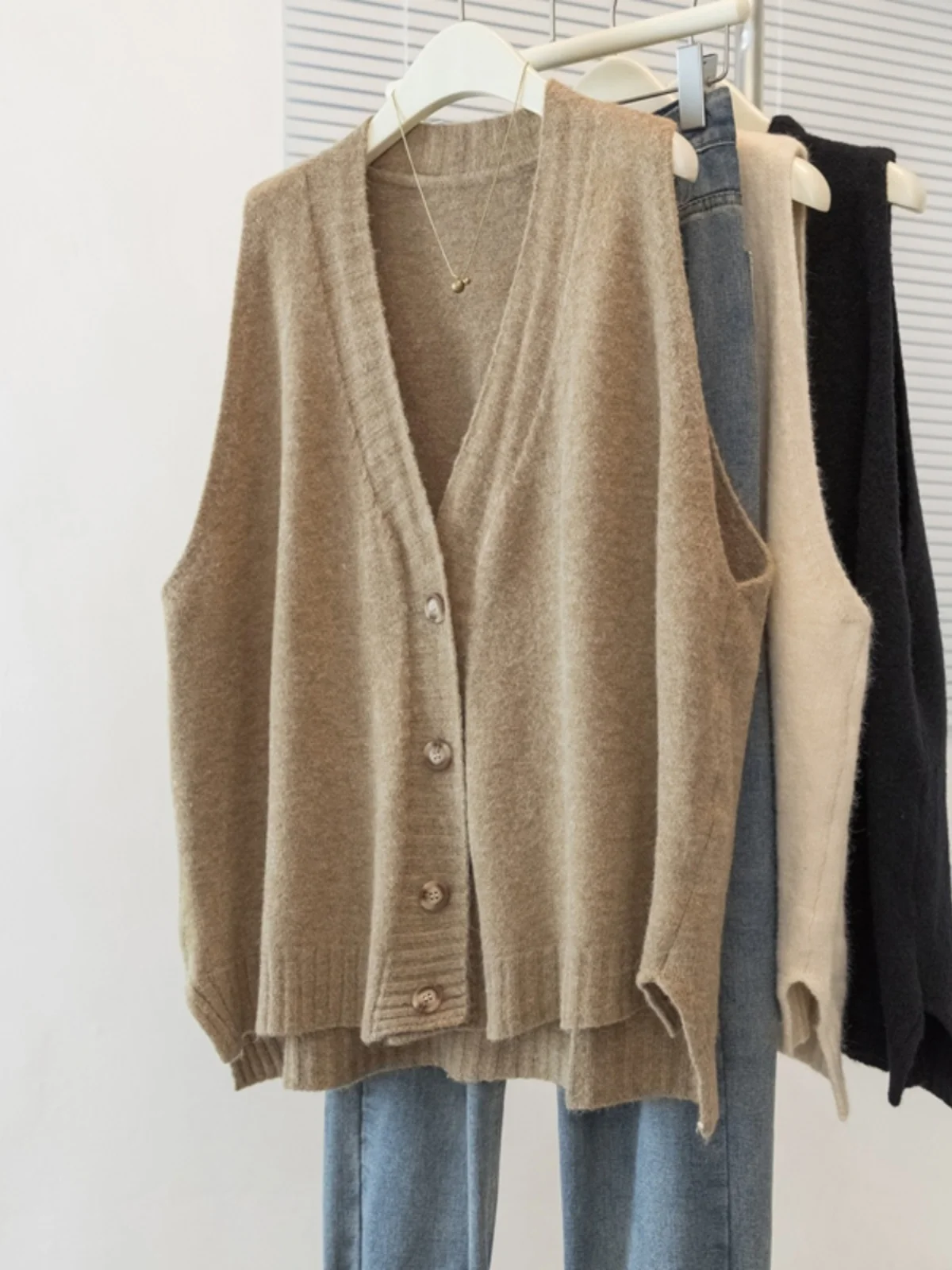 Khaki Knitted Sweater Vest Women's plus Size Medium Length Layering Top Commute Style V-Neck  Color Autumn New Arrival
