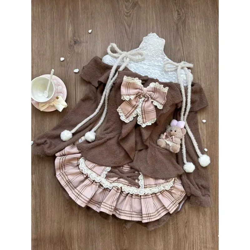 2000s Vintage Y2k Suits Women Retro Brown Crop Tops Sweater + Mini Skirt Japanese Kawaii 2 Piece Sets Korean Party Clothing