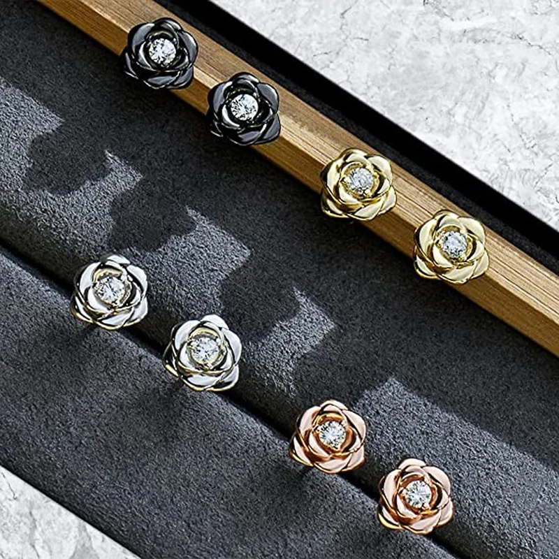 Women's Exquisite Rose Stud Earrings with Cubic Zirconia