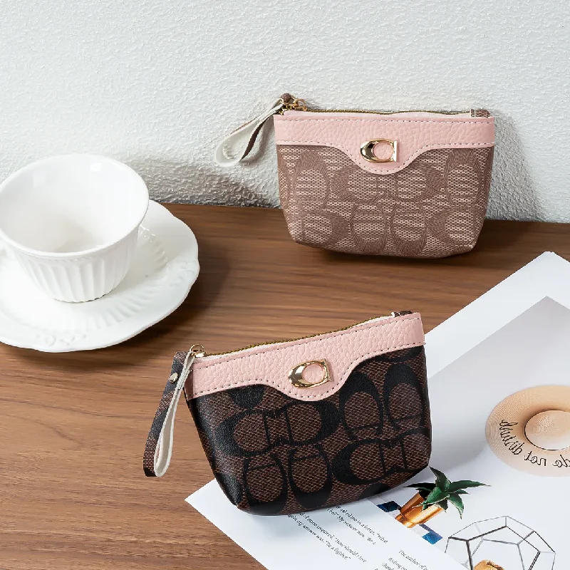 Women's Vintage Monogram Coin Purse Mini Zip Wallet With Contrast Color Trim & Wrist Strap