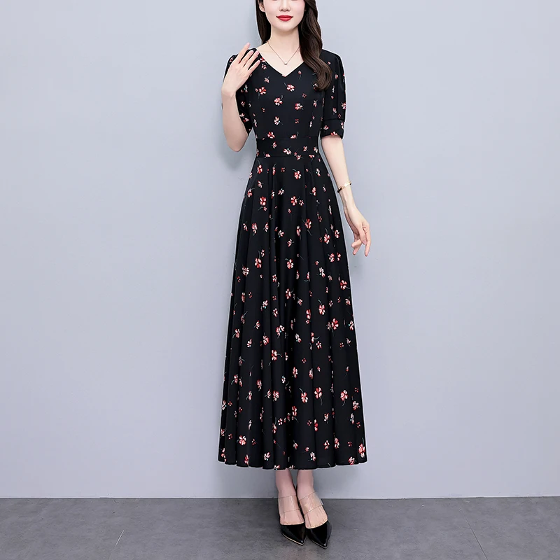 2025 Vintage imprimé fleuri décontracté noir Maxi robe printemps été bal en mousseline de soie robe élégante femmes moulante fête soirée robes