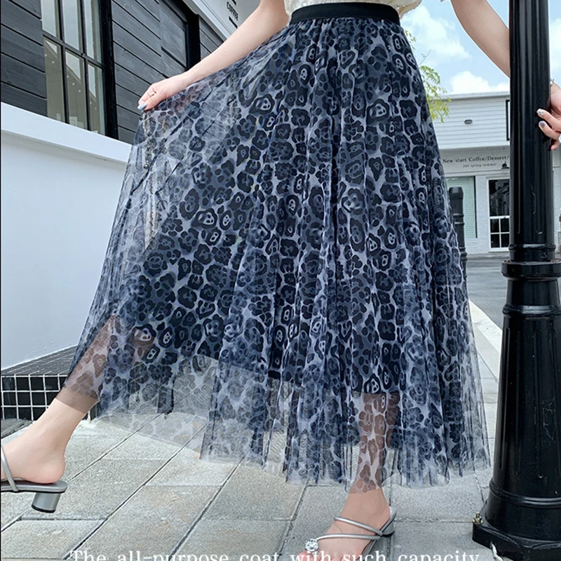 Pleated Leopard Skirt Women Spring Summer Mesh Tulle Skirt Casual Elastic High Waisted Large Swing Midi Long Skirt