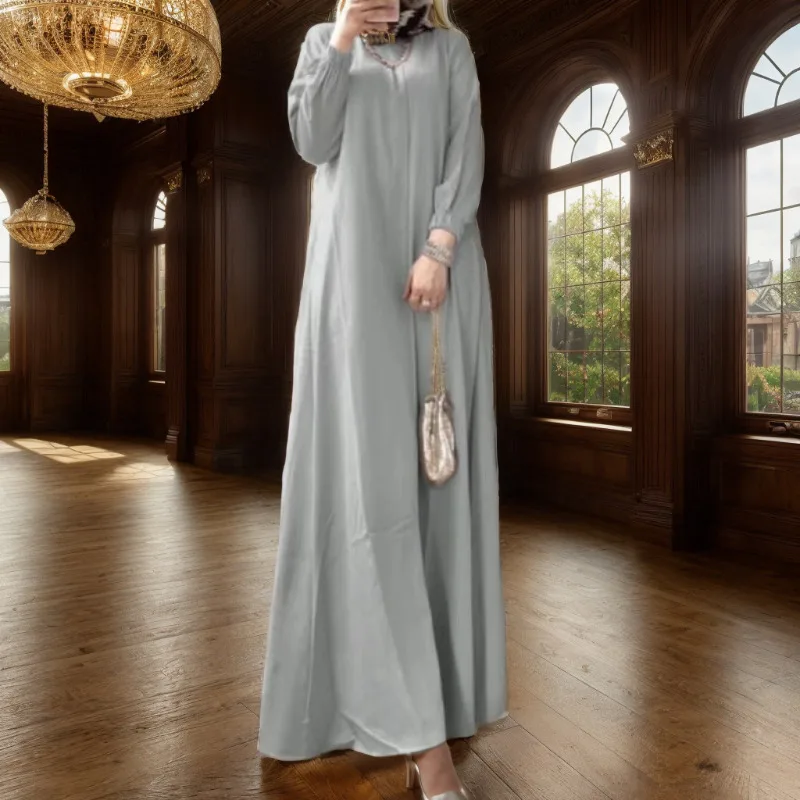 2025 New Cross Border Middle East Muslim Casual Loose Fit Foreign Trade Large Size Women's Solid Color Long Sleeved Robe Dress