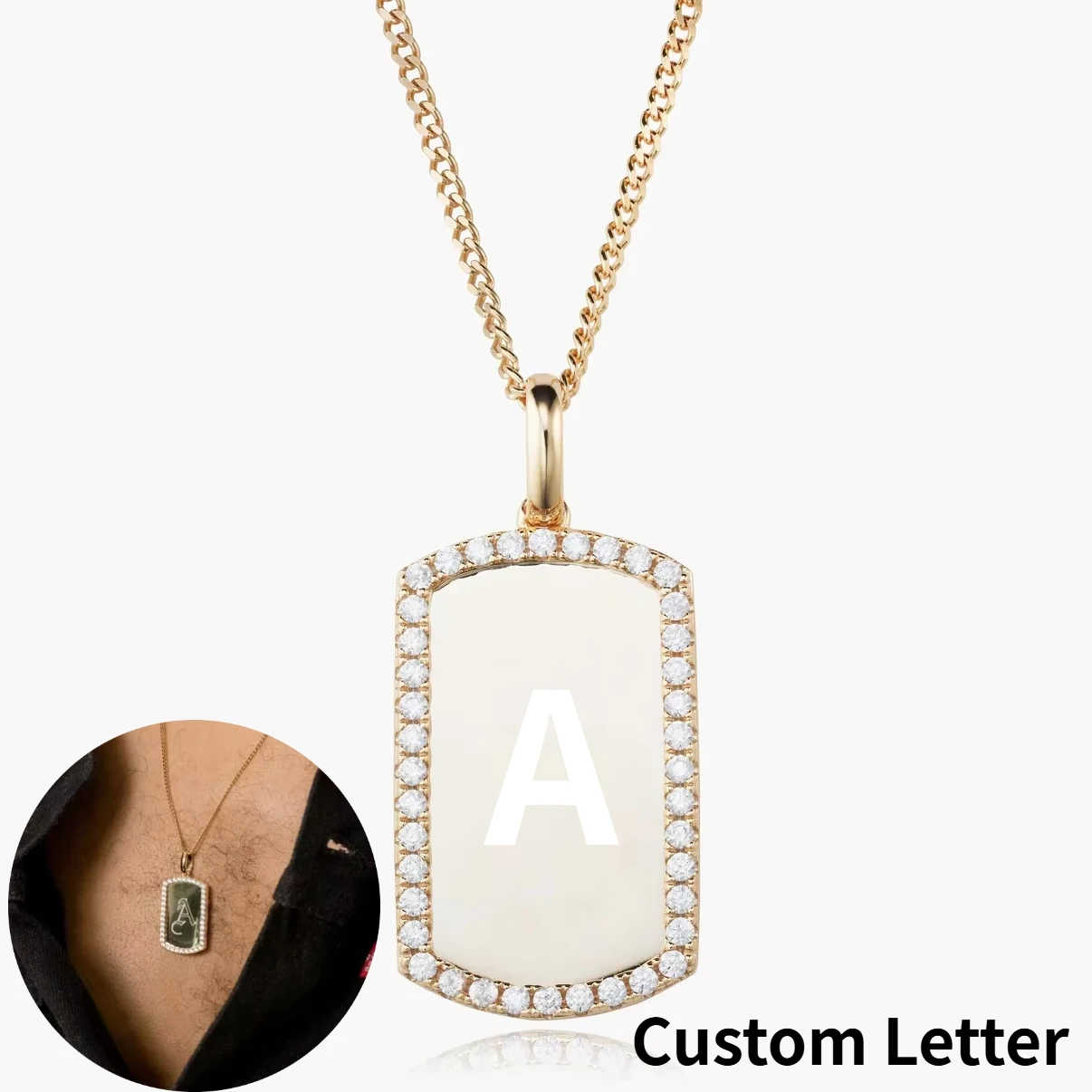 

Custom Iced Border Letter Dog Tag Necklace Mini Cuban Chain Personalized Number Diamond Border Pendant Gifts for Men and Women