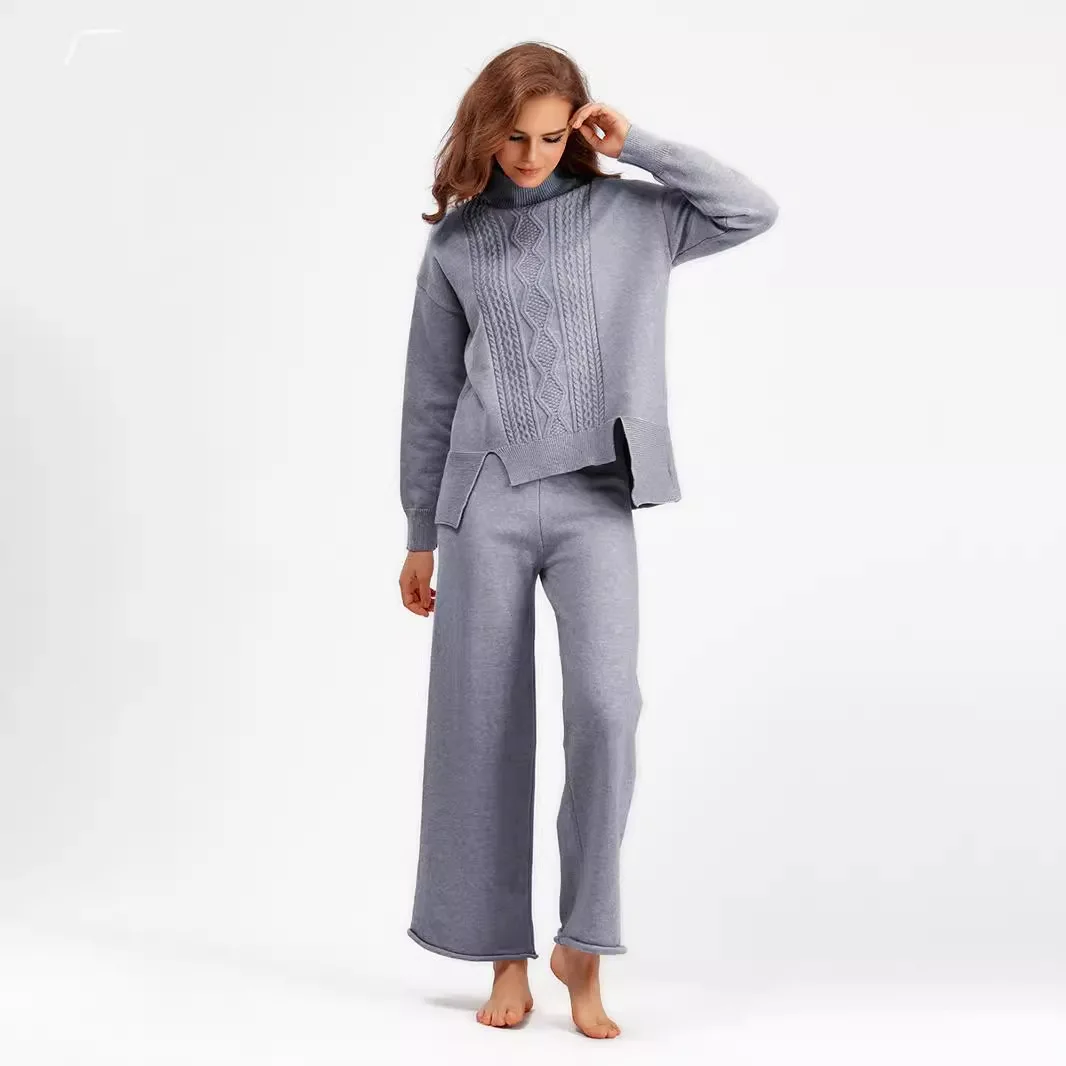 2024 Autumn and Winter New Slimming Knit Suit Women's Thick Loose Turtleneck Sweater Wide-leg Pants Two-piece Set of Fashion