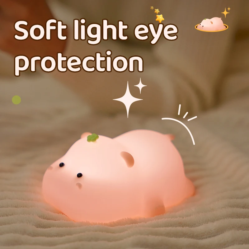 Pink Hippo Night Light Cute Silicone Night Light USB Charging Touch Timing Pat Lamp Desktop Decoration Children Night Lamp Gift