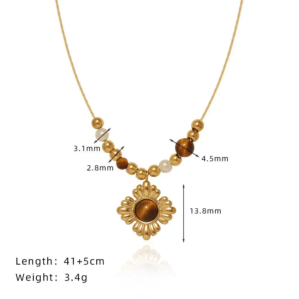 Stainless Steel Flower Pendant Tiger Eye Stone Bead Chain Necklace Free Fashion Charm Collar Chic Cast Jewelry