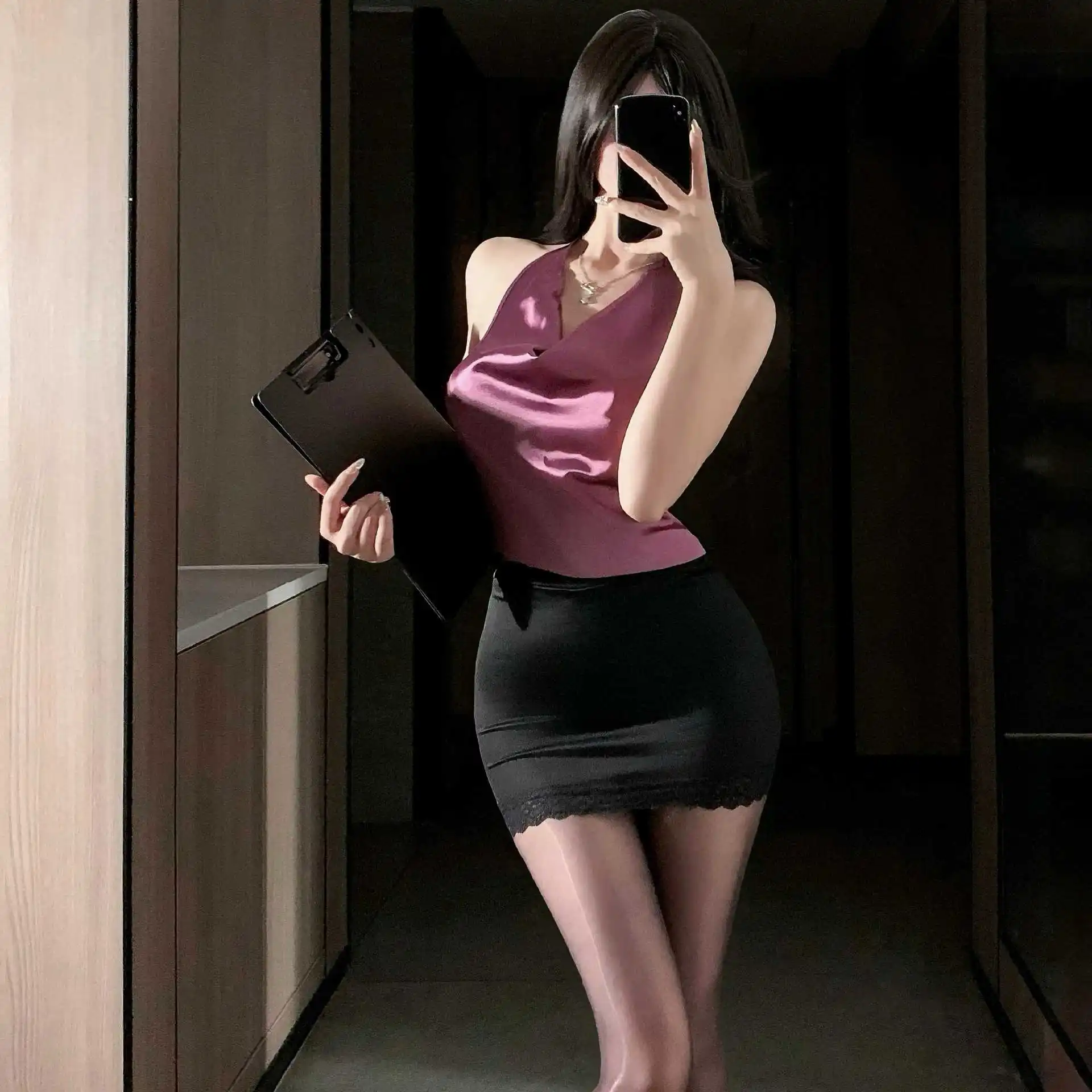 

Women Sexy Lingerie Commute OL Secretary Backless Uniform Cosplay Exotic Office Lady Transparent Lace Halter Top Hip Wrap Skirt