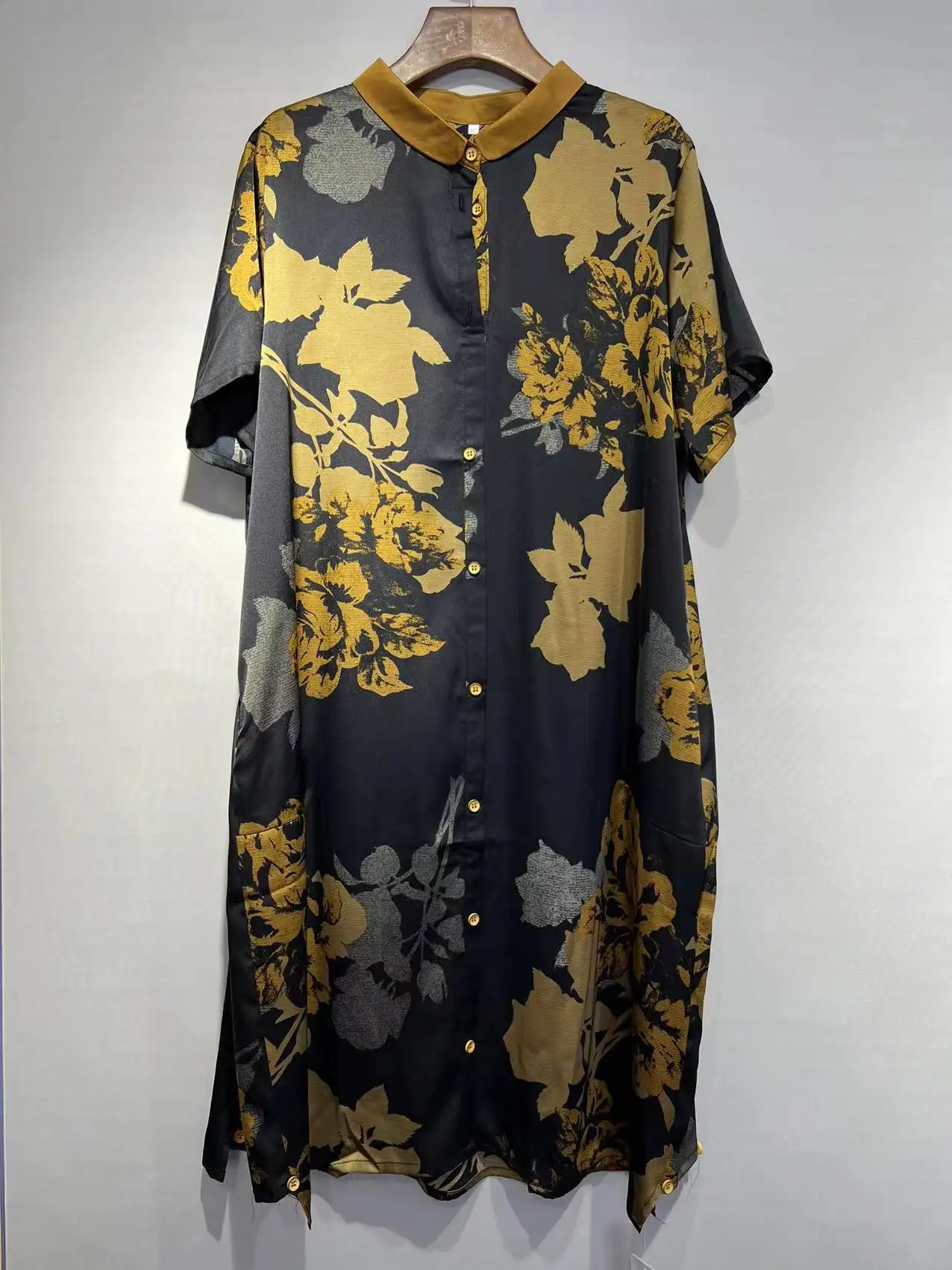 plus Size Women's Summer New Satin Printed Fashion Shirt Dress Cheongsam