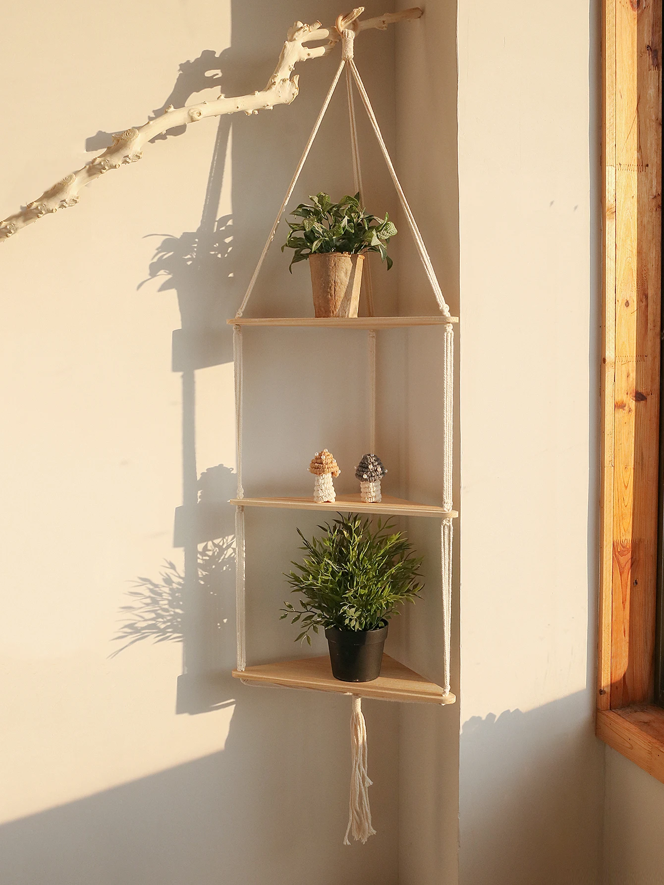 Triangle Floating Wall Shelf 1/2/3-Tier Wooden Wall Shelves Hanging Corner Display Stand with Wood Bead Boho Rustic Home Decor