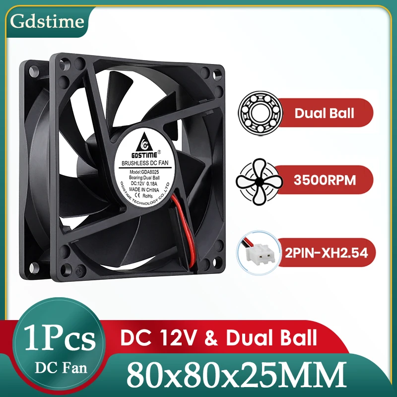 GDSTIME 80MM Case Fan DC 12V Dual Ball 2PIN Cooler 80x25MM Cooling Fan 8CM CPU Radiator 8025 for PC Computer GPU Cabinet Cooling