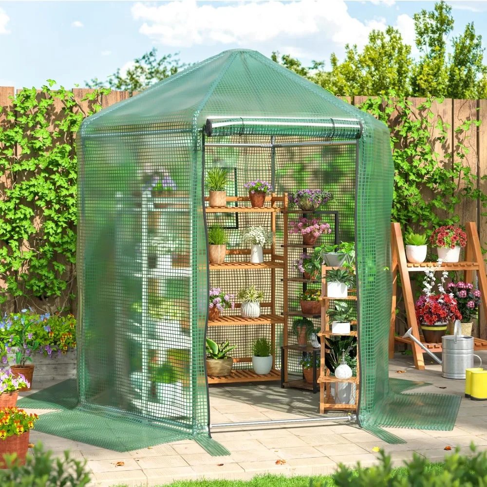 

7x7x7.3 Outdoor Greenhouse, Walk-in Heavy Duty Metal Green House with 180g Double Layer PE Cover, Small Size.