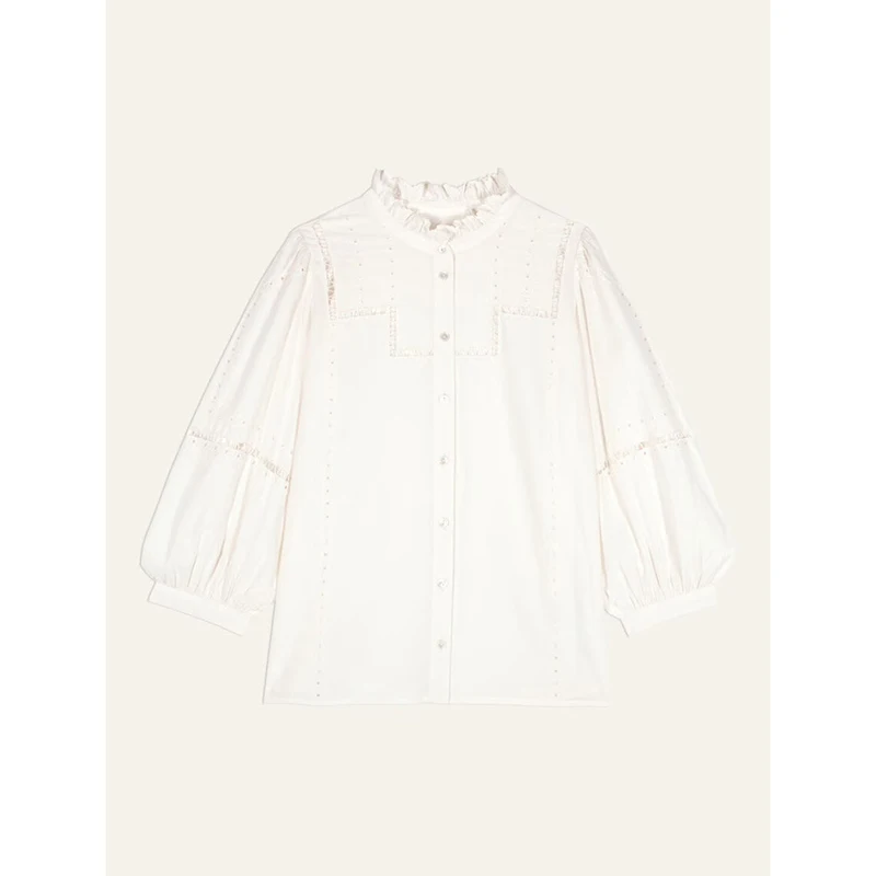 Susan Faion principios de primavera nuevo algodón bordado ahuecado suelto blanco irt Top de mujer tubo recto largo Sve Stand Co...