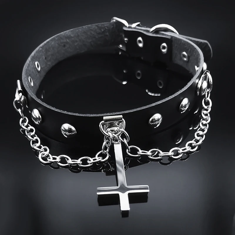 Harajuku Choker Goth Satan Inverted Peter's Cross Necklace Stainless Steel PU Leather Cosplay Anime Necklaces Jewelry Gift NXS03