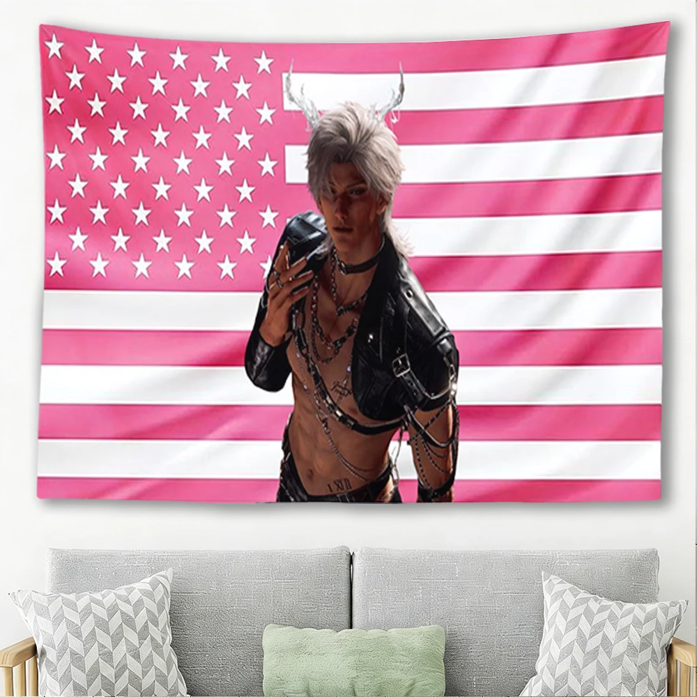 Anime Silver Hair Horn Man Pink American Flag Tapestry Game Character Wall Hanging Bedroom Dorm Fandom Decor Gift