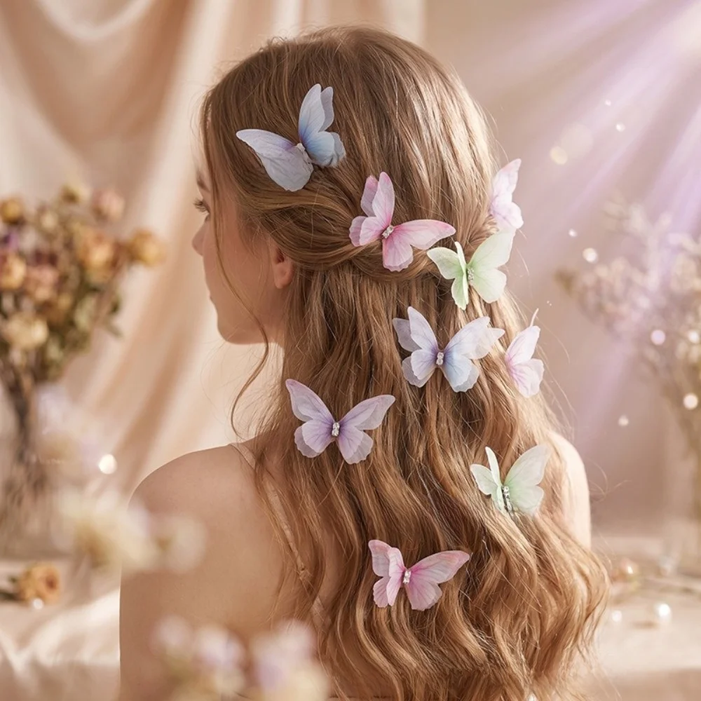 50Pcs 3D Organza Fabric Butterfly Appliques Colorful Translucent Chiffon Butterfly Embroidered Patches Double-layer