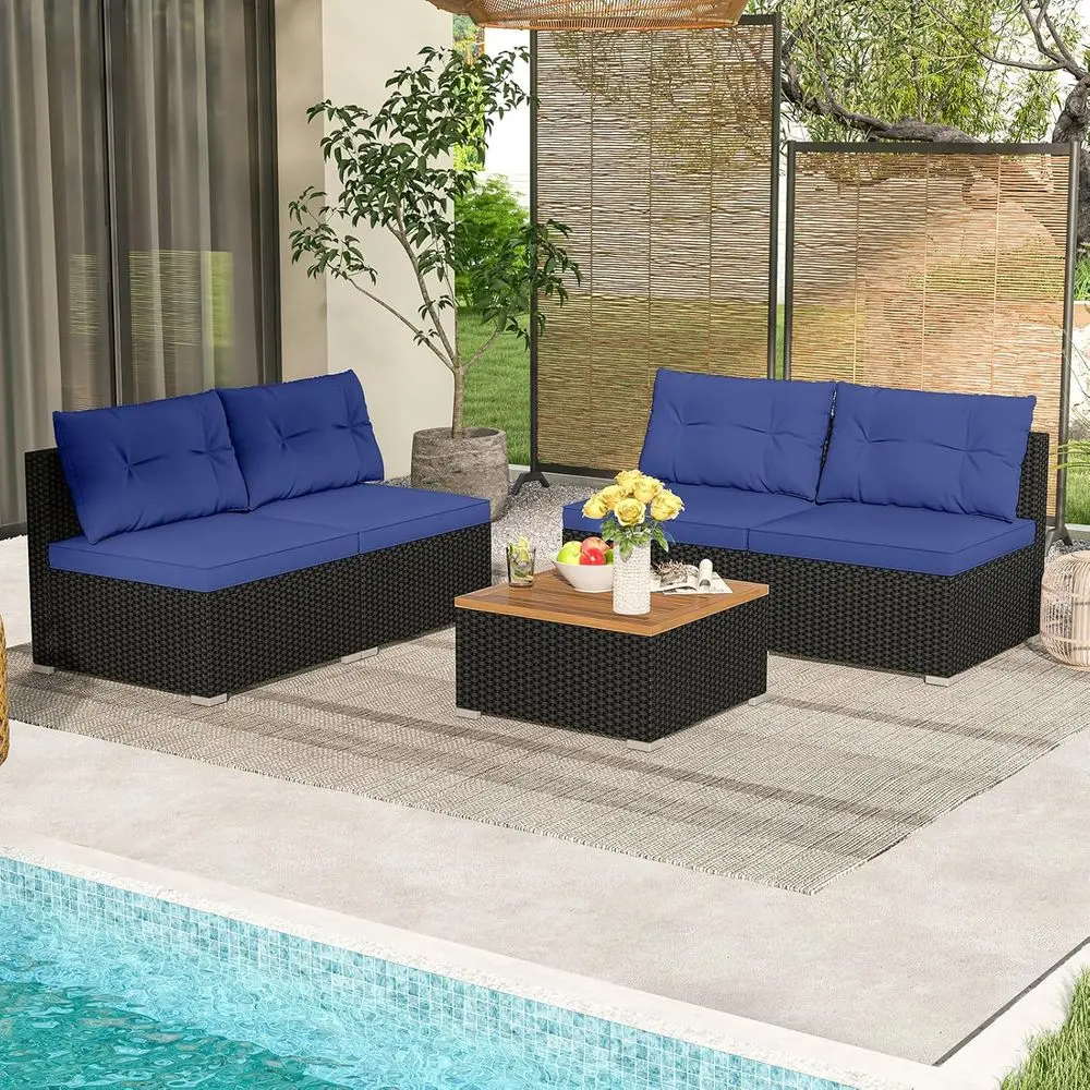 

Navy Blue Outdoor Sectional Sofa Set with Acacia Wood Coffee Table and Cushions for Patio, Deck, Balcony, and Backyard