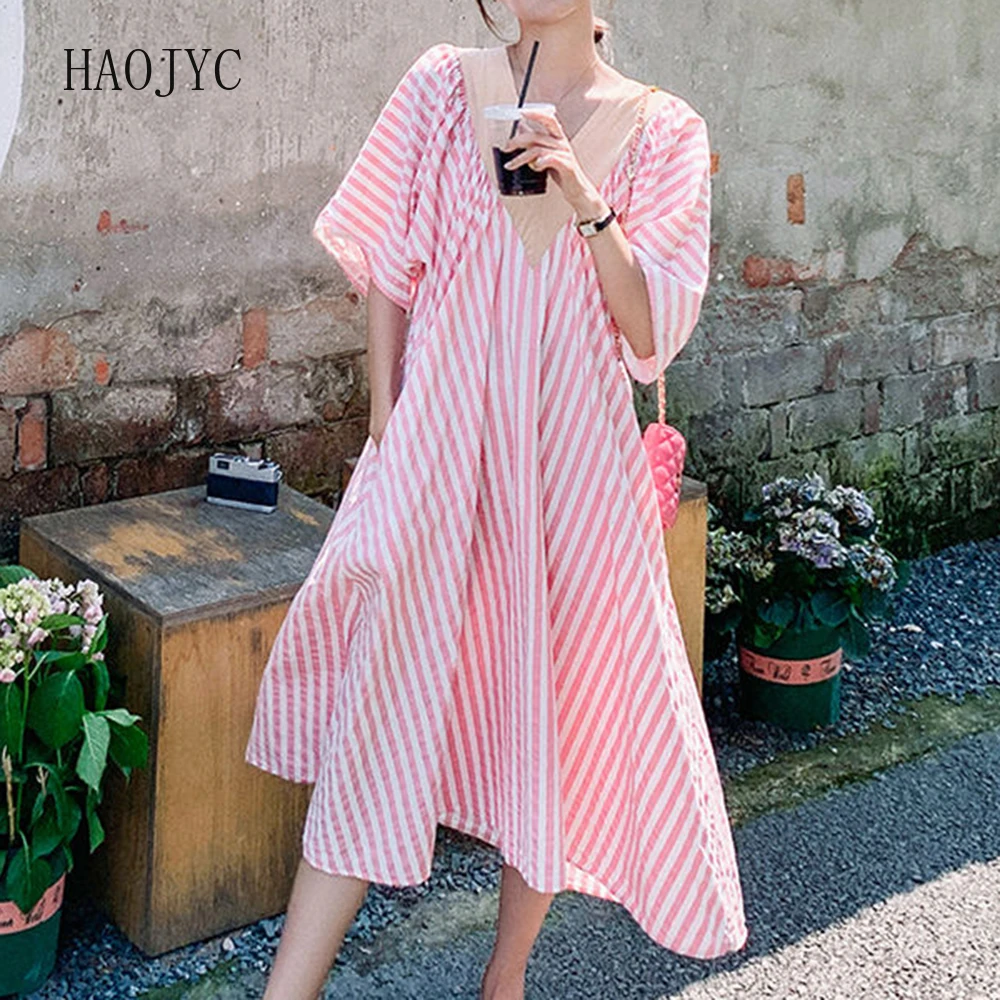 여름 V넥 핑크 스트라이프 드레스 루즈핏 미디 기장 롱 스커트 여성용 우아한 보헤미안 드레스