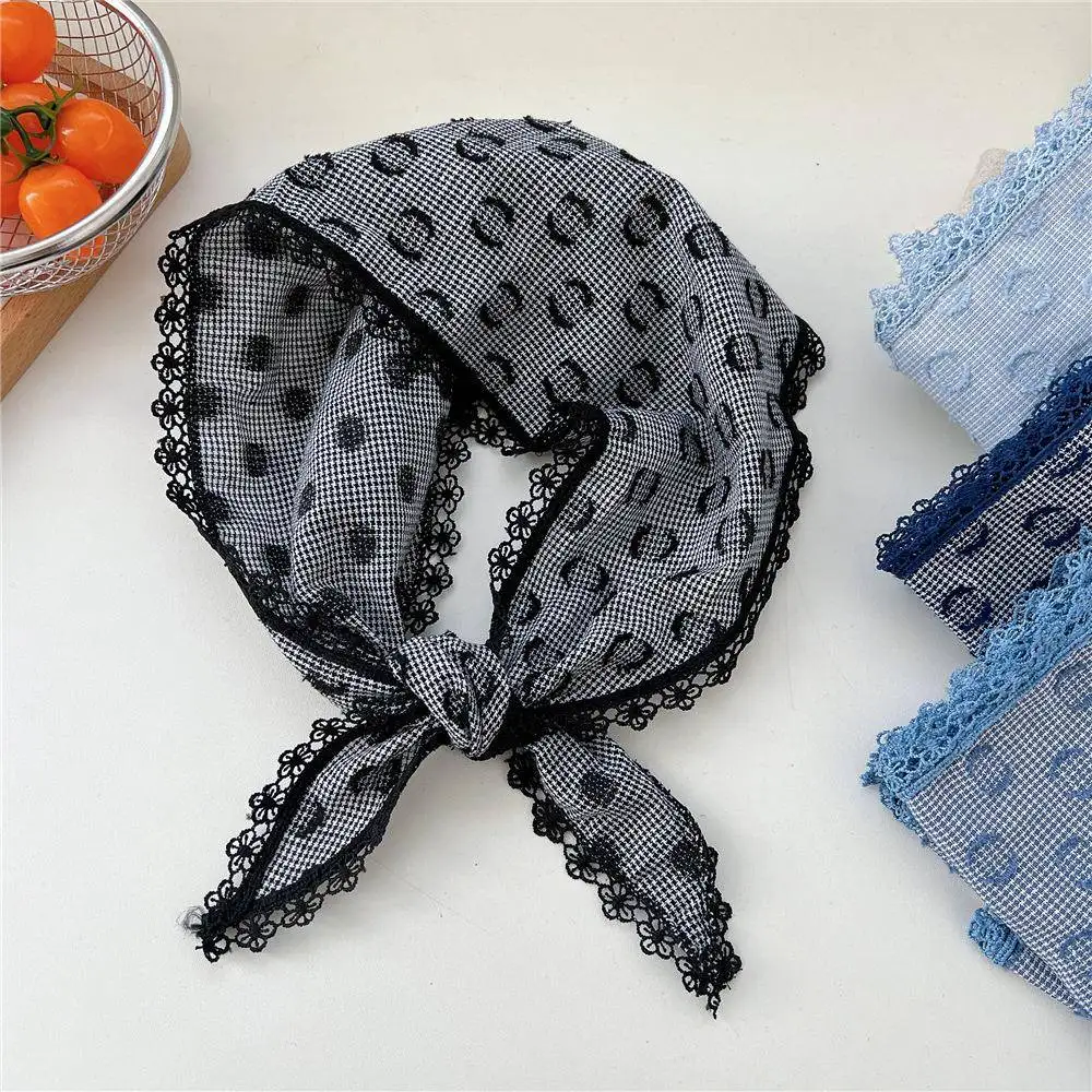 

Retro Polka Dot Lace Trim Cotton Linen Scarf Women's Spring Summer Versatile Neck Protection Thin Elegant Small Scarf