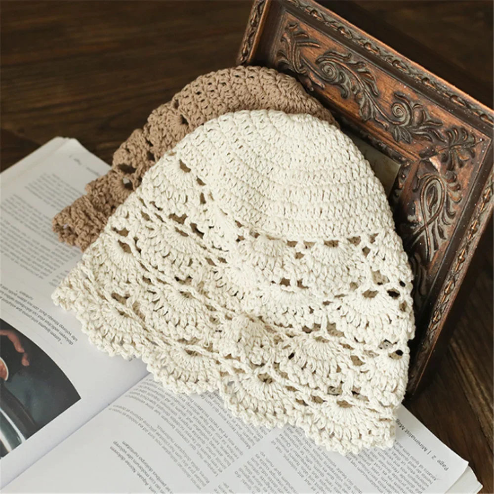 Hand-Knitted Flower Hollow Thin Cap Spring and Summer Lace Breathable Kerchief  Crochet Toe  Cotton Thread Hat Female