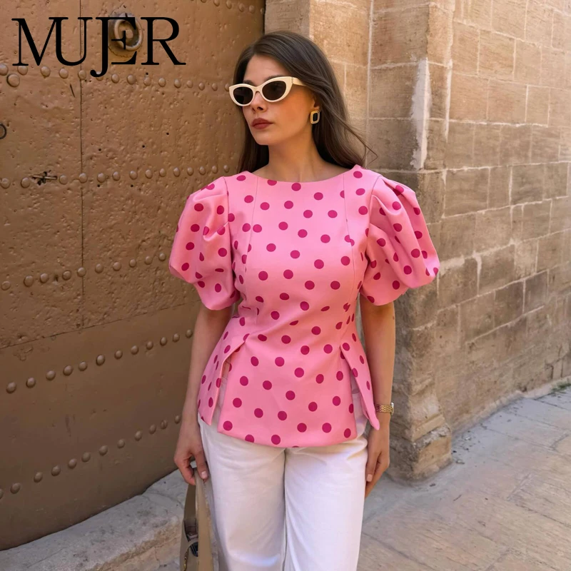 MUJER Polka Dot Tanktops für Damen, Puffärmel, plissiertes Top, Damen-Sommer-Strand-Top, rückenfreies Top, Damen-Streetwear, lässige Damen-Tops