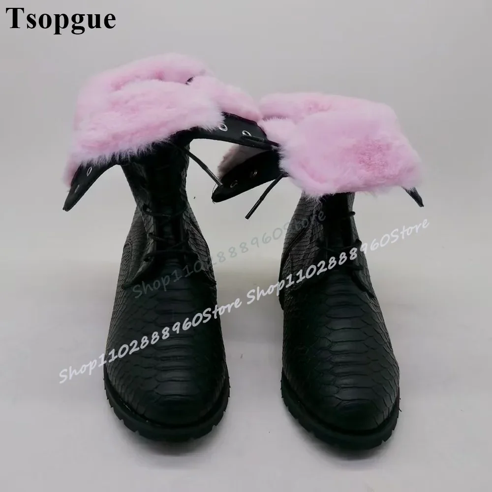 

Mid Calf Black Animal Skin Cross Tied Warm Boots Flats Shoes For Women Side Zipper Catwalk Occidental Style Party Women Boots