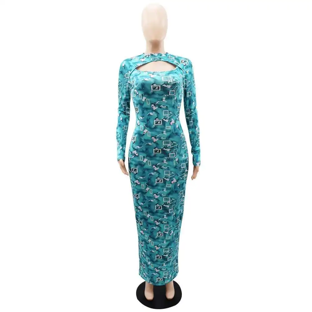 Abiti stampati per le donne Guaina collo mezzo alto tagliato manica lunga alla caviglia blu Ral abiti da sera aderenti sexy da sera