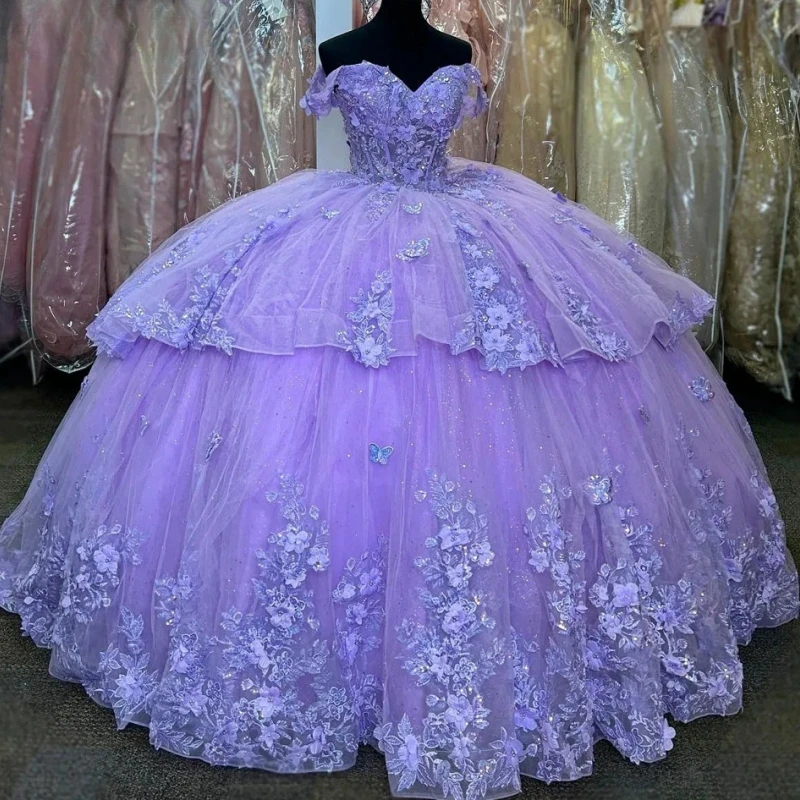 Elegante Lavendel Vrouwen Feest Speciale Gelegenheid Jurk Off Shoulder Kant Applique Gezwollen Rok Sweet 16 Meisje Quinceanera Jurk Prom