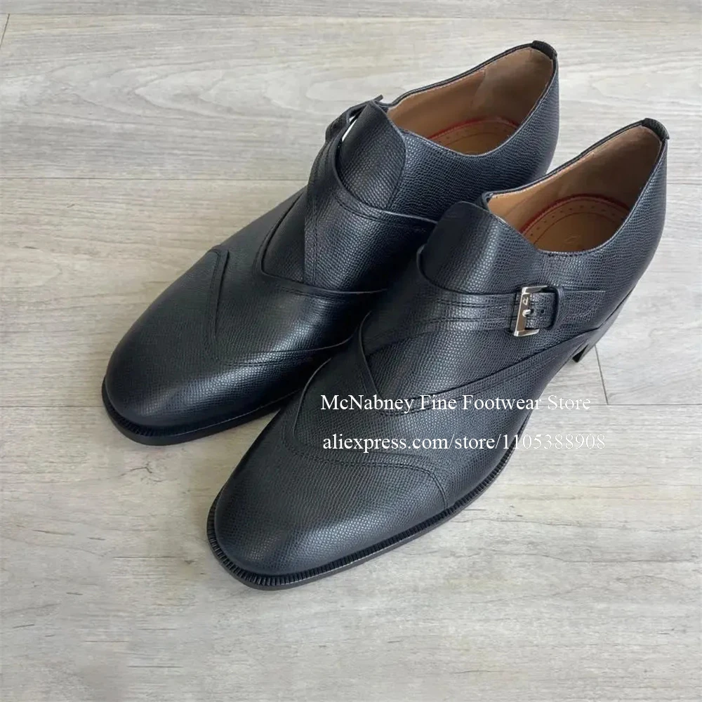 

Black Leather Monk Strap Dress Shoes Slip on Low Block Heel Buckle Men Shoes for Spring Autumn Winter Formal Business Wedding
