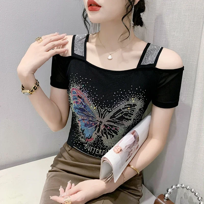 Summer European Clothes Tshirts Women Sexy Off Shoulder Shiny Butterfly Diamonds Slim Mesh Tops Short Sleeve Tee ZL726