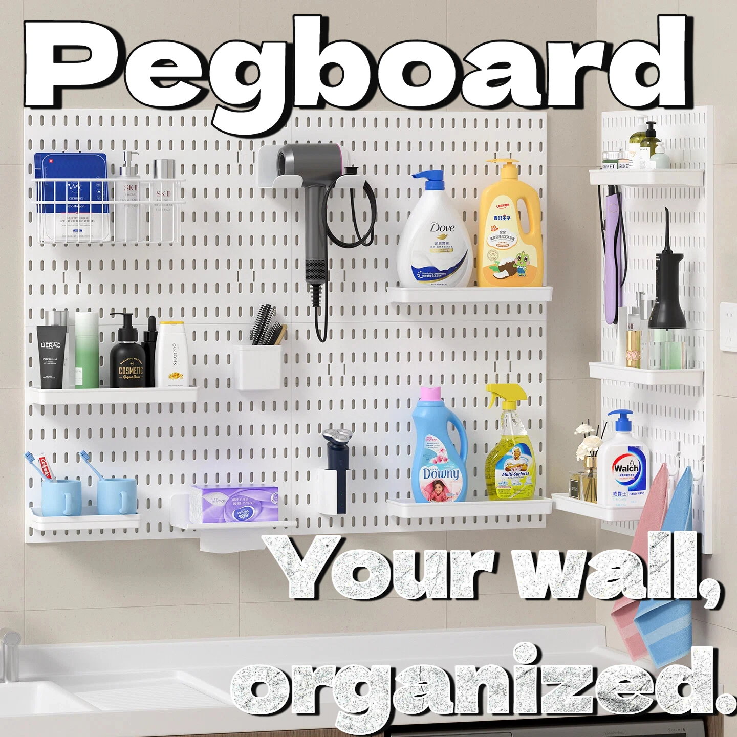 PP Pegboard Wall Mounted with 2 Shelves, Hole Board Organizer for Living Room Remote Control Book Storage, Black White
