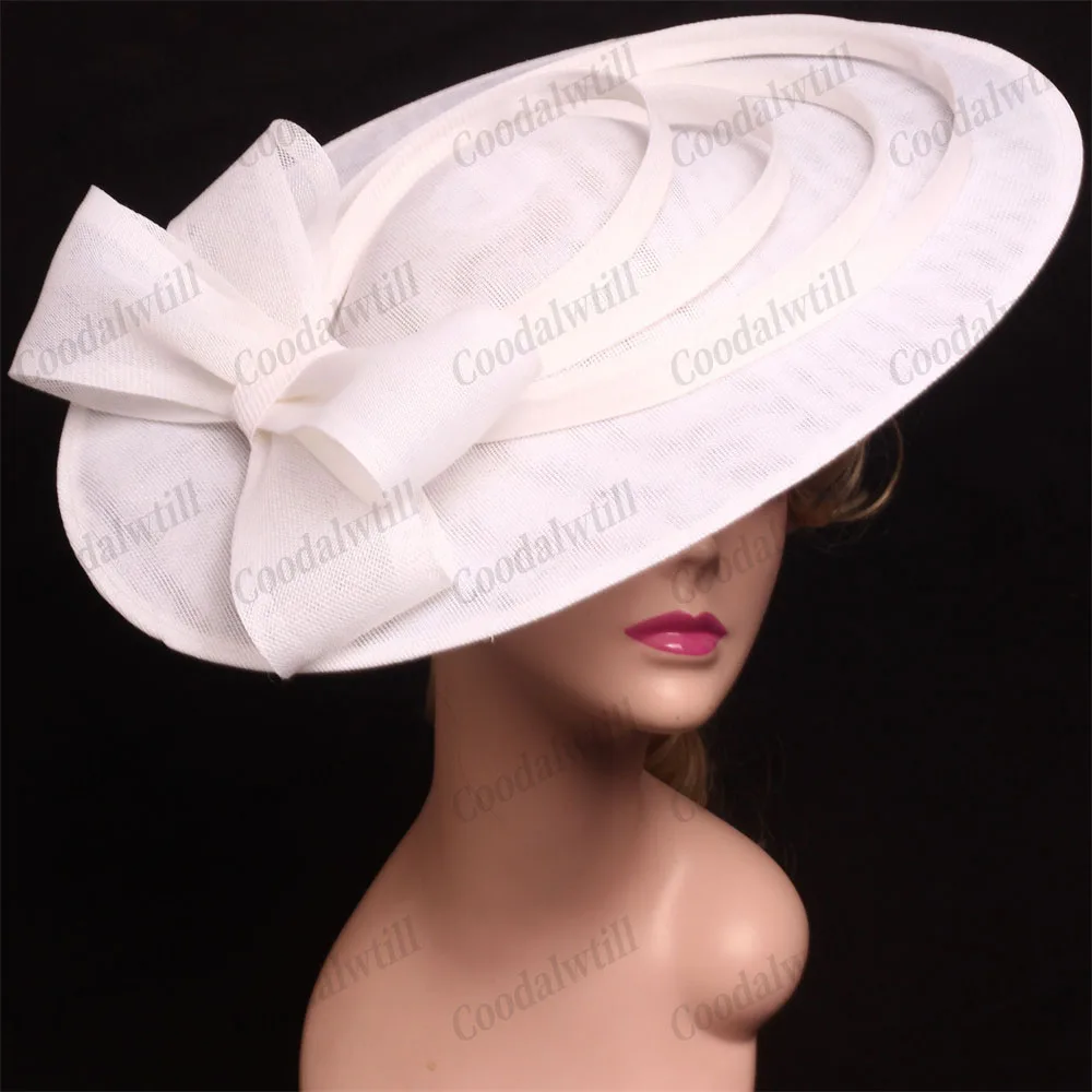 

New White Big Derby Fasciantor Hat Women Ladies Wedding Bow Headpiece Nice Royal Ascot Millinery Cap Large Wedding Party Chapeau