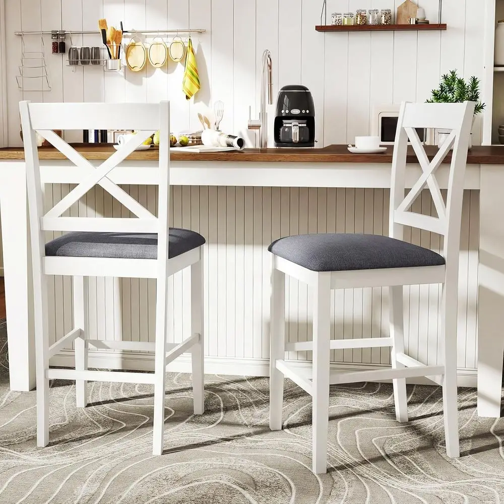 

Set of 2 Padded Linen Upholstered Counter Height Bar Stools with Footrest, Wooden for Kitchen Island, Dining Room, White & Gray
