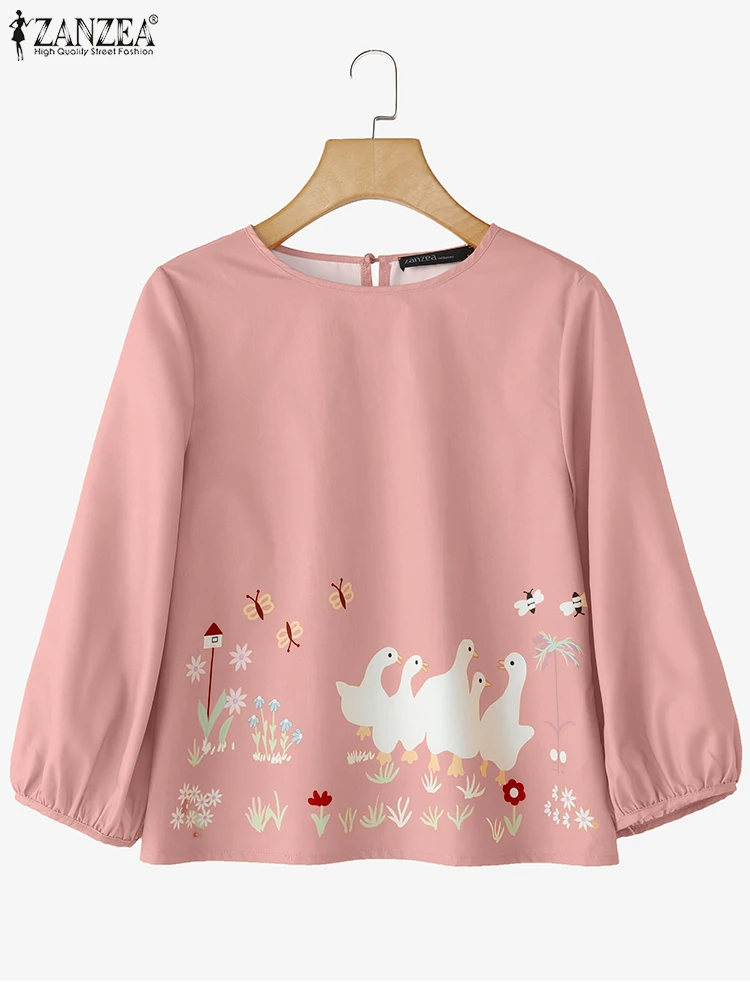 

ZANZEA Vintage Printed Blouse Women Casual Loose Shirts 2025 Autumn Fashion 3/4 Puff Sleeve O-Neck Elegant OL Blusas Femininas