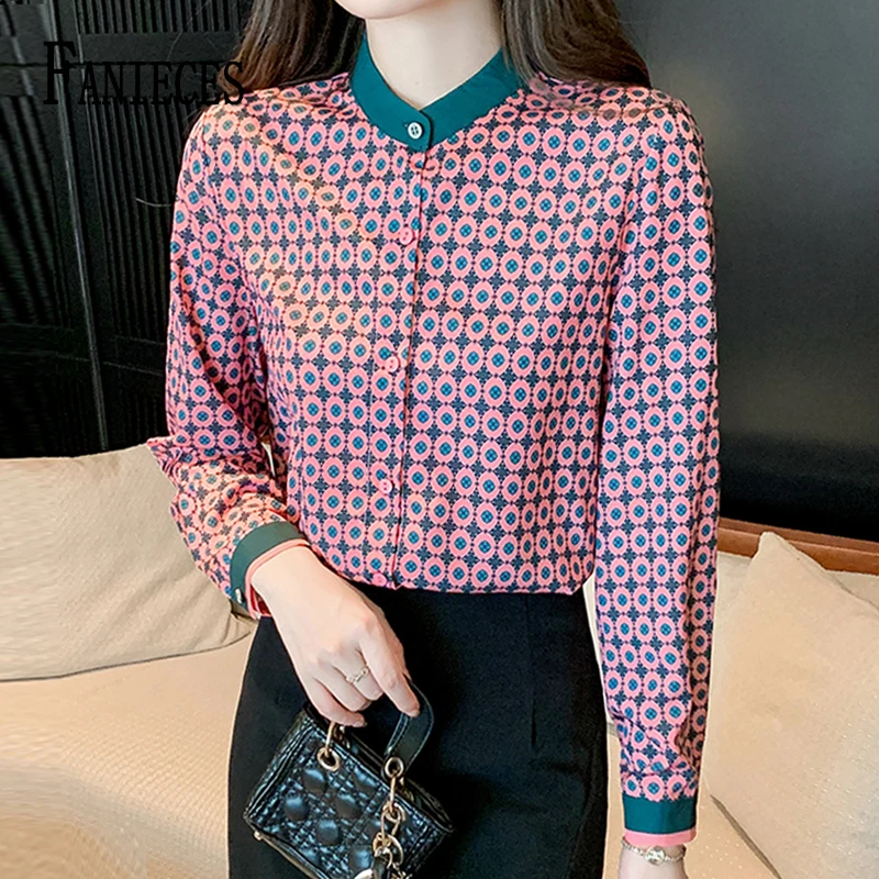 

FANIECES Women Shirt Vintage Print Stand Collar Blouse Autumn Long Sleeve Button-up Luxury Elegant Blusas Mujer قمصان وبلوزات