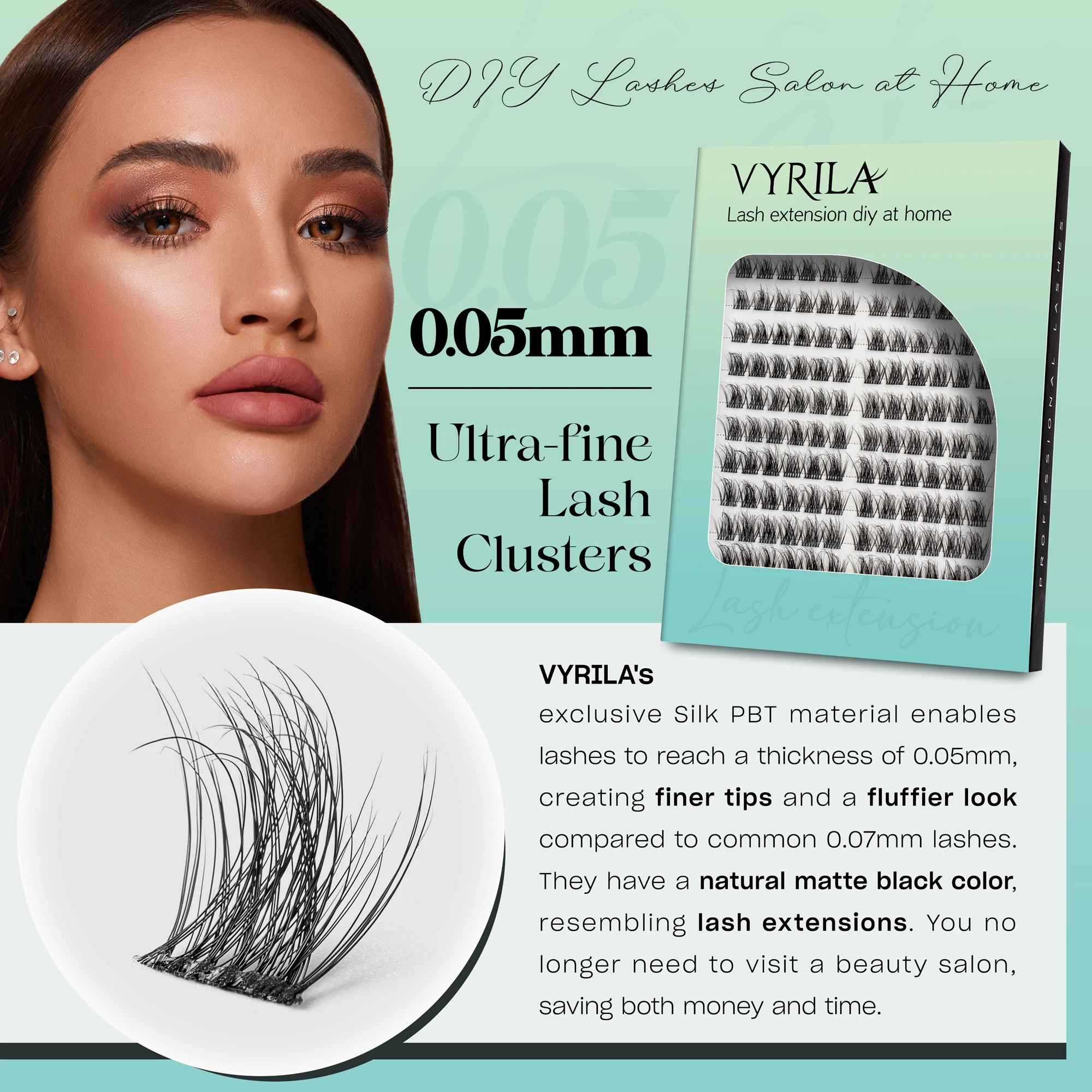 VYRILA Lash Clusters 0.05mm Individual Lashes 3D Wispy Lashes Clusters 0.1mm Super Thin Band Resuable Natural Lashes C Curl Lash