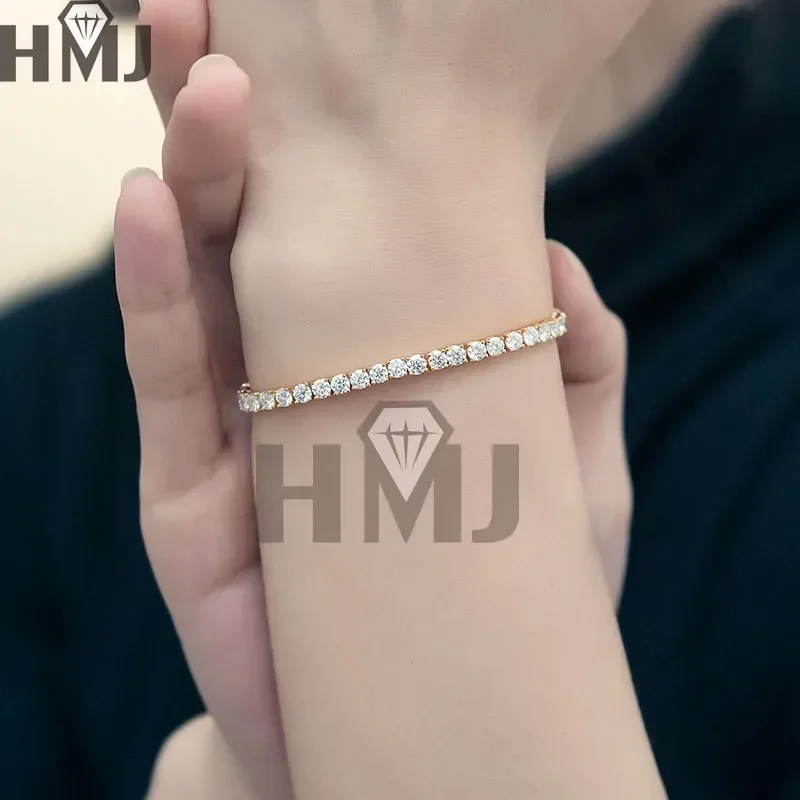 HMJ Moissanite Stone Tennis Bracelet Original S925 Sterling Silver Plated 18k Yellow Gold with GRA Bracelets for Women Man