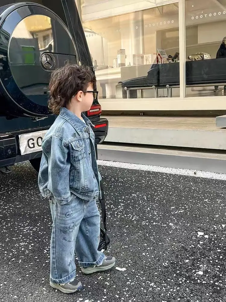 Baby Boys Denim Children Denim Coat Spring Autumn Kids Fashion Girls Jean casual Letter Blue Jacket+Pants 2Pcs Set Streetwear