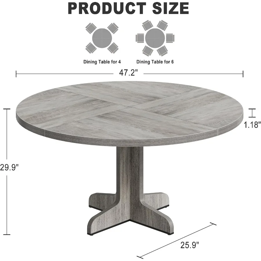 47 Round Dining Table for 4, Farmhouse Kitchen Dining Room Table, Solid Wood, Natural Finish, Rustic Charm Space-Saving Design