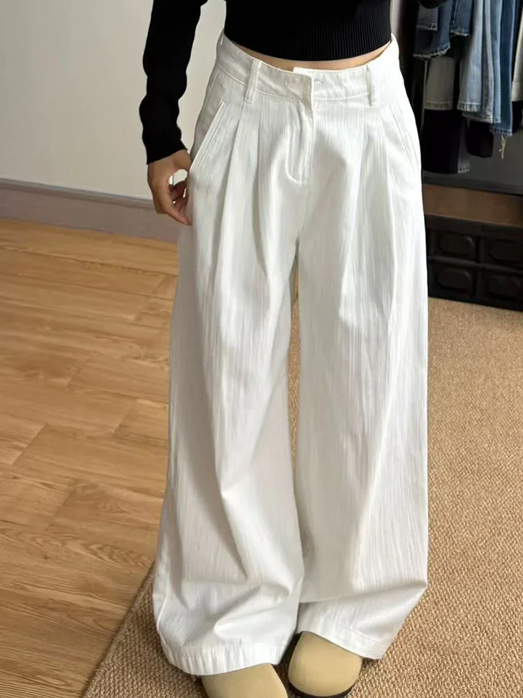 

White Wide Leg Denim Pants Summer High Streetwear Baggy Pleated Jeans Y2K American Loose Punk Casual Straight Trousers