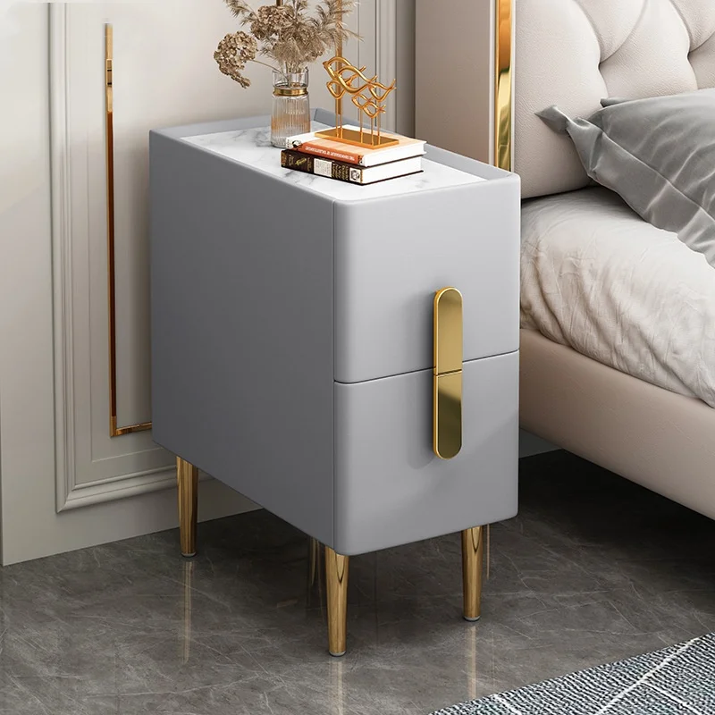 

Modern Style Bedroom Bedside Table Mini Narrow Rock Surface Nightstand Self-Contained 2 Drawers Wooden End Table