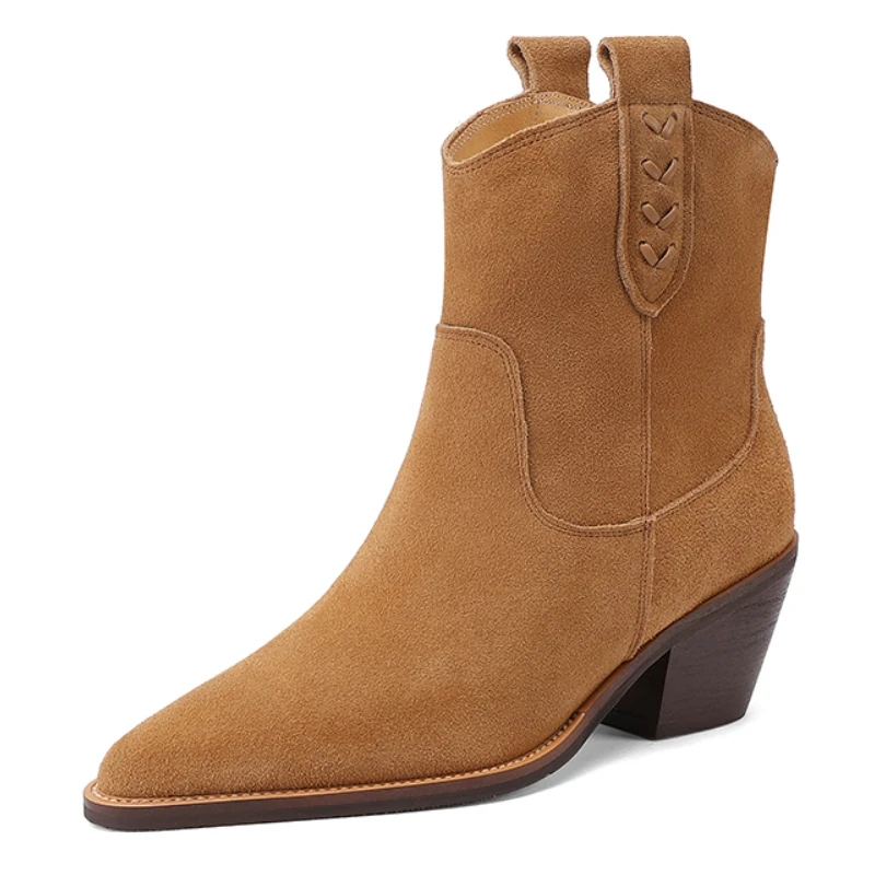 New 2026 Spring Suede Ankle Boots Black Brown Point toe Pull-on Chunky heels Modern Western Boots Simple Style large size Boots