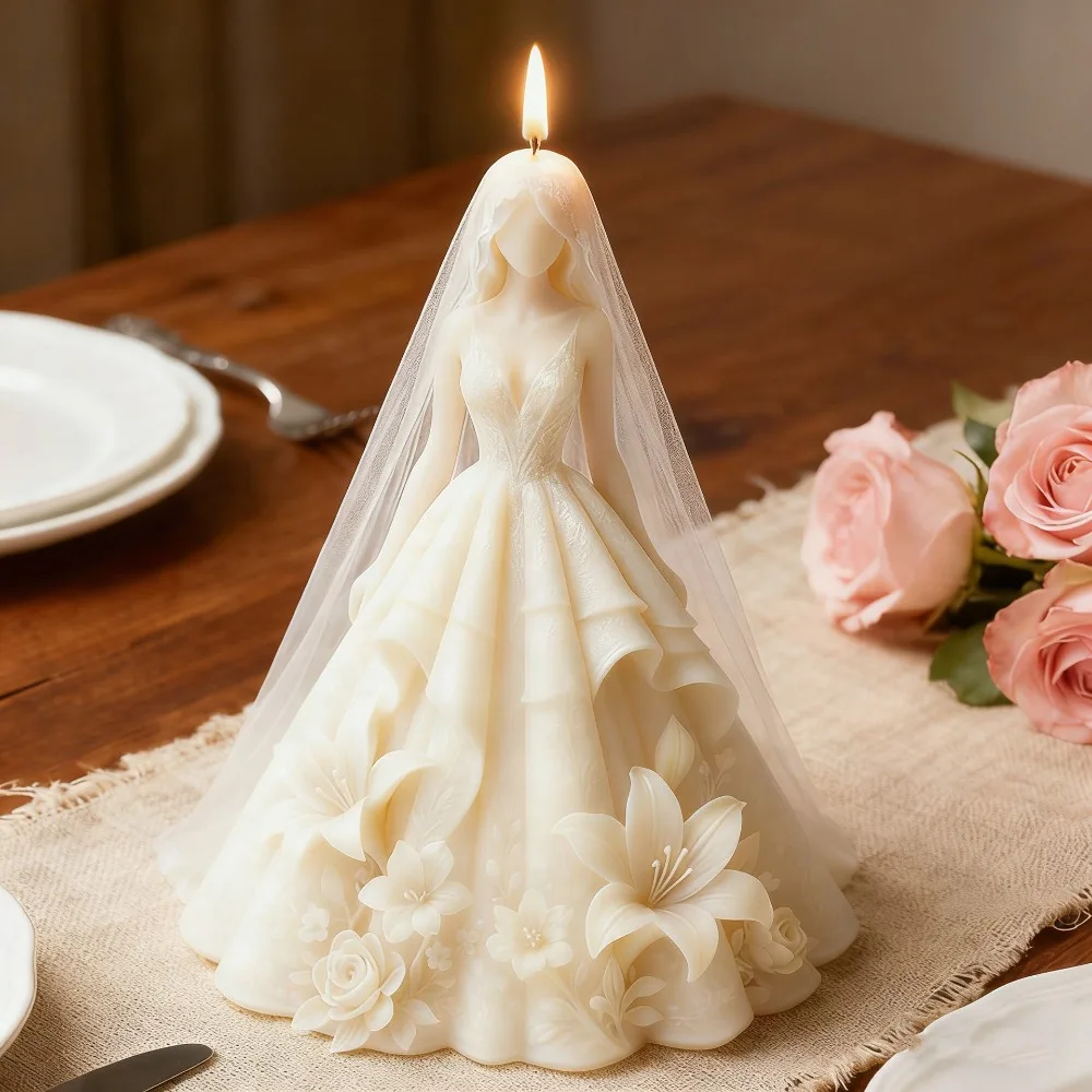 

Bride Wearing Wedding Gown Dress Candle Molds DIY Flower Wedding Dresses Plaster Cement Resin Mold Soap Candle Silicone Mould